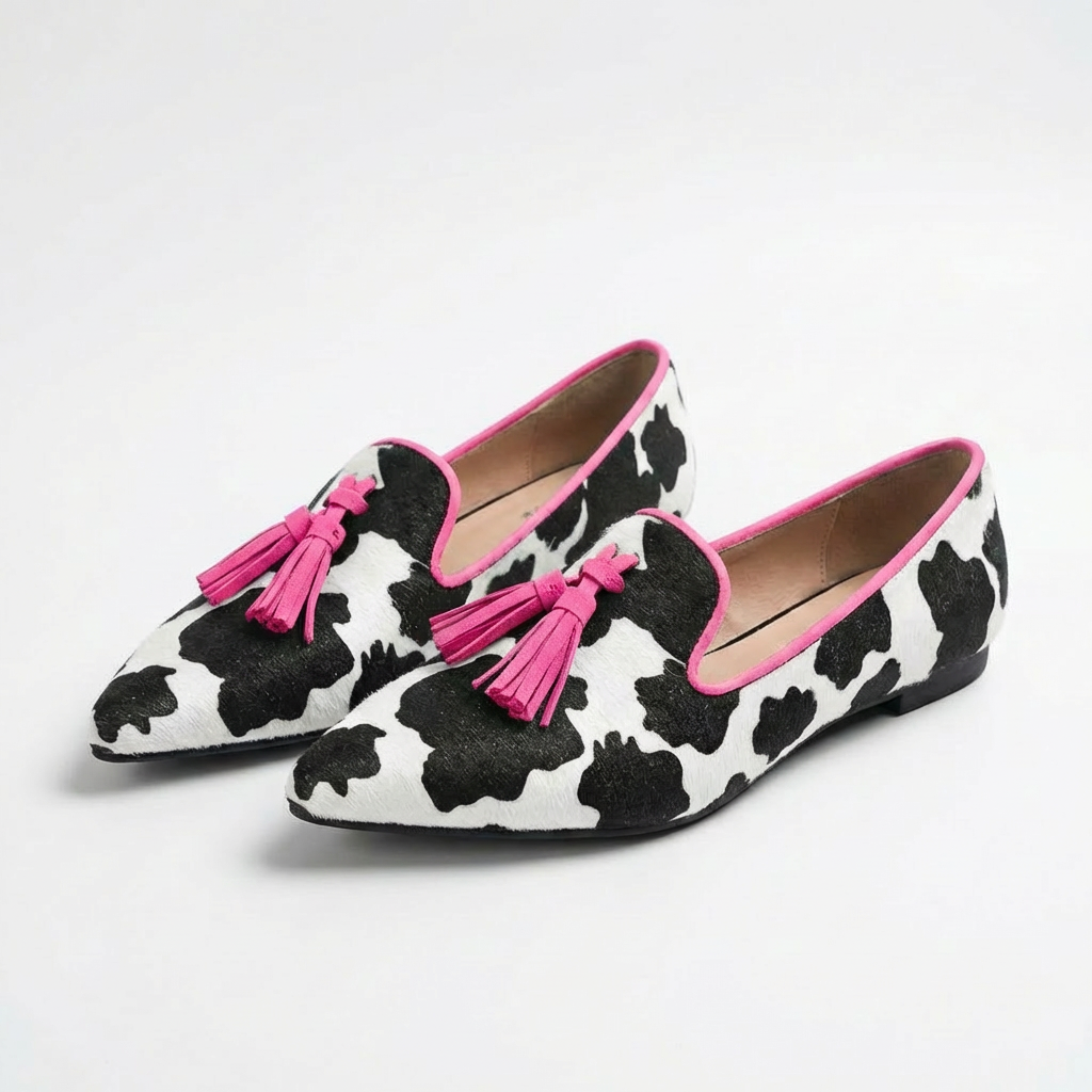 Mocasines Mujer Estampado Borlas Punta Redonda