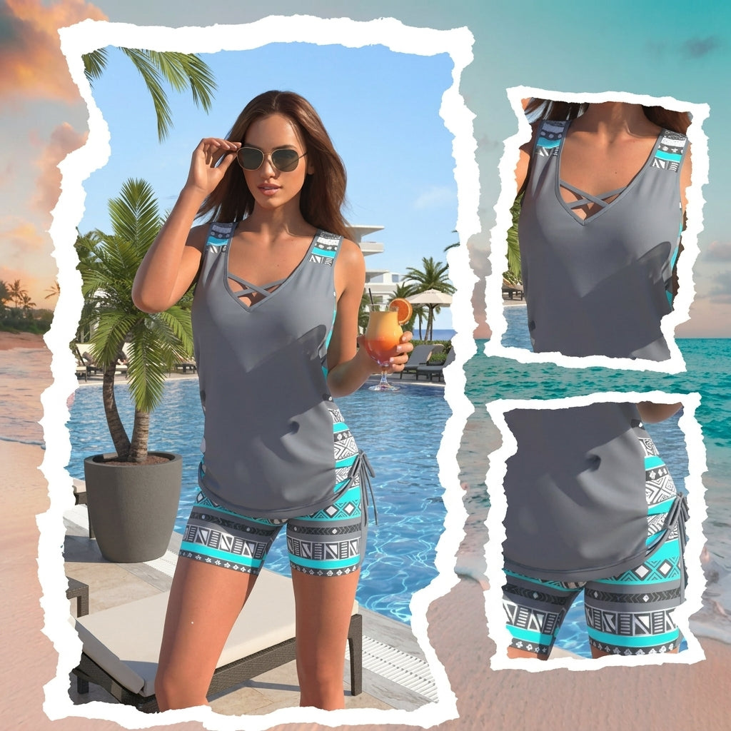 Tankini Mujer Estampado con Short Ajuste Cómodo