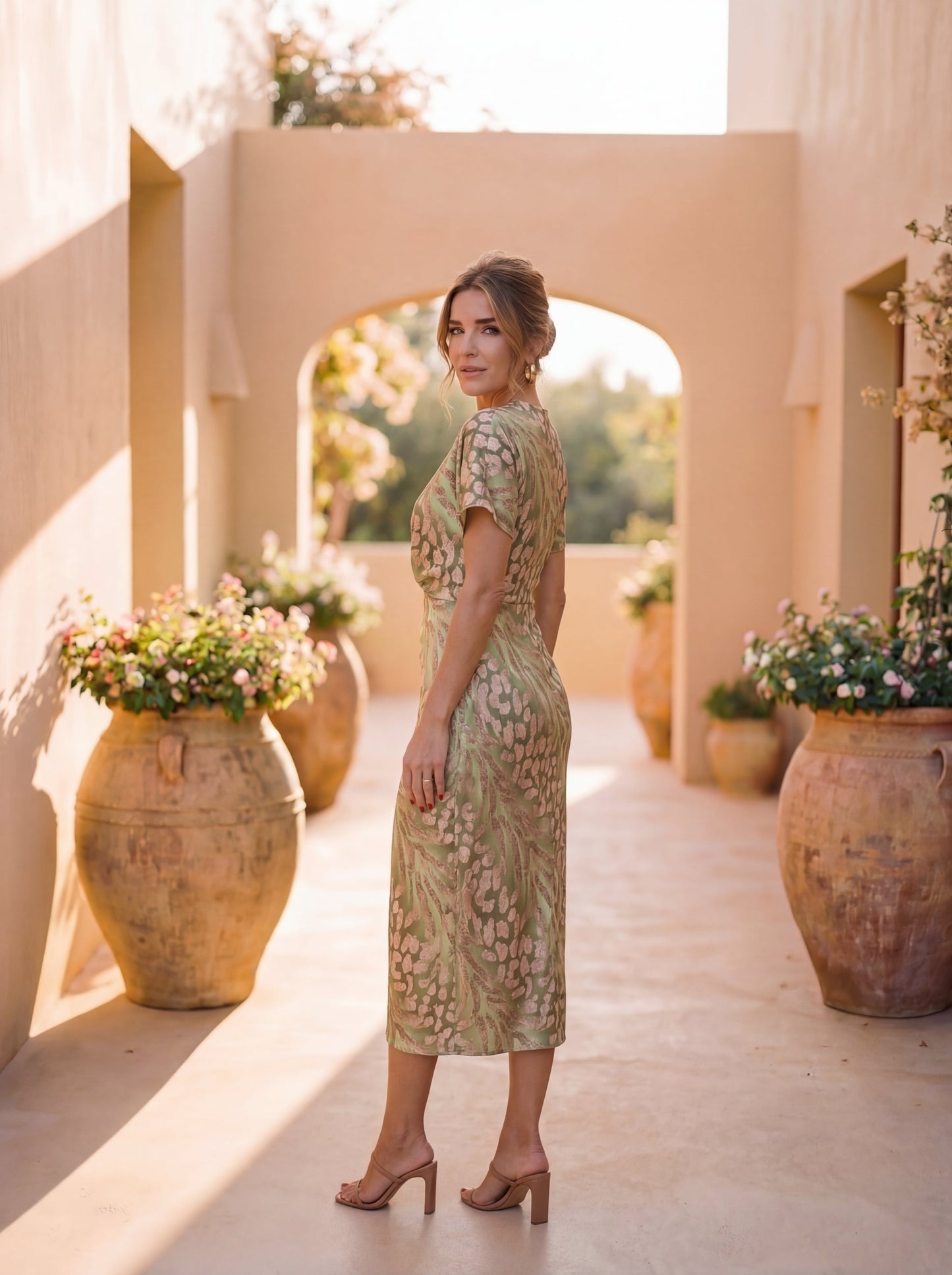 Vestido midi mujer fluido con lazo en cintura estampado