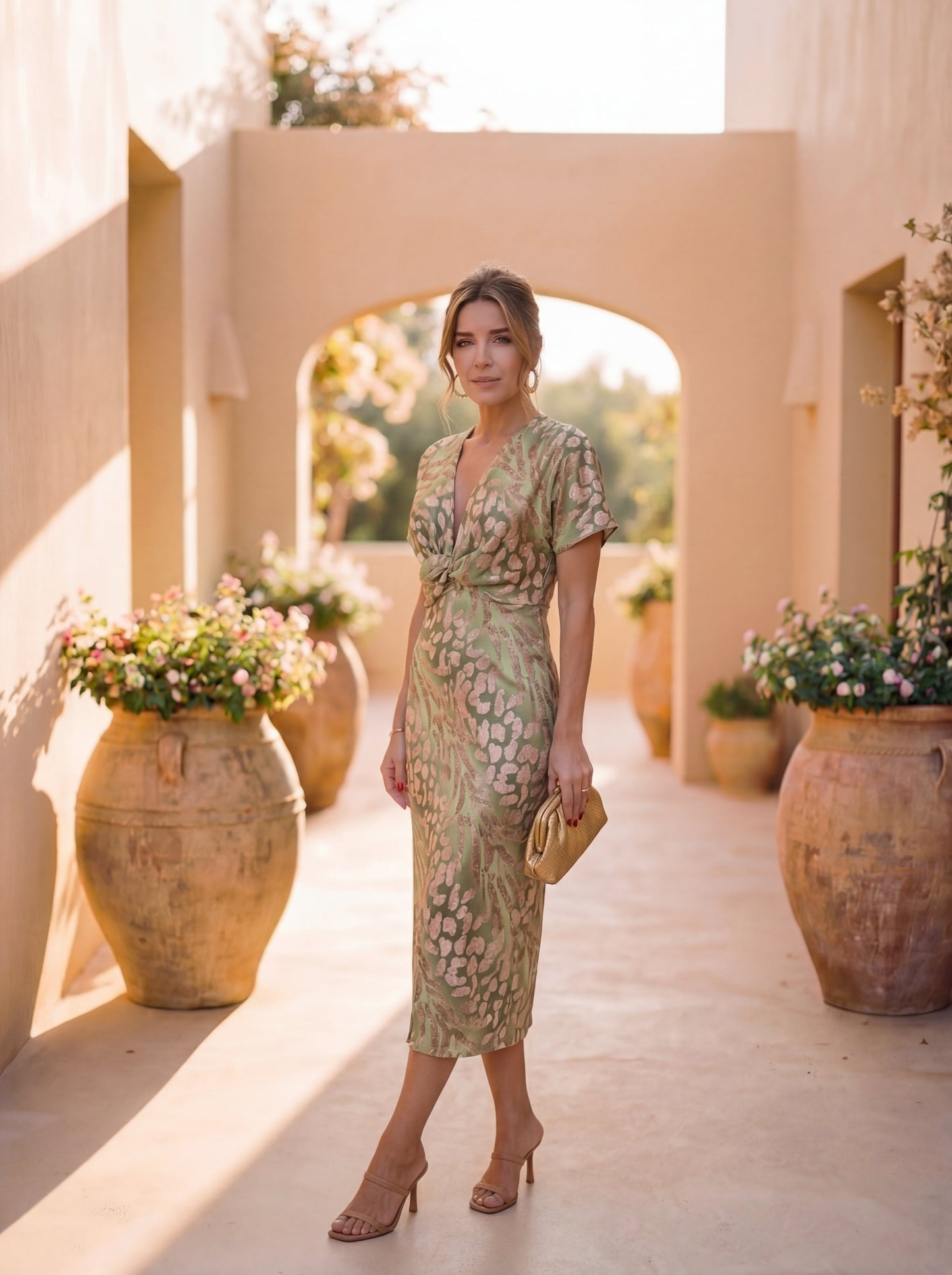 Vestido midi mujer fluido con lazo en cintura estampado