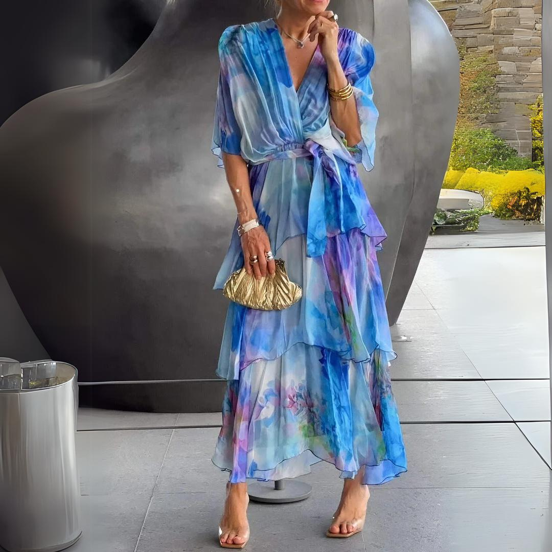 Vestido largo Mujer Cruzado con Capas Escote en Pico - Mavetta