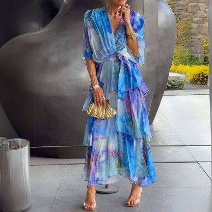 Vestido largo Mujer Cruzado con Capas Escote en Pico - Mavetta