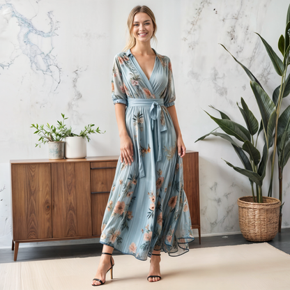Vestido midi mujer con cuello en V y cinturón ajustable