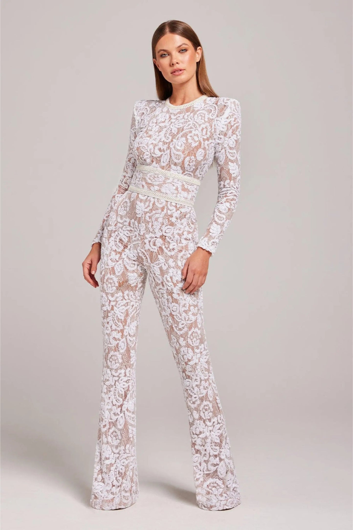 Mono Mujer de Encaje Floral Manga Larga Cuello Redondo Entallado - Mavetta