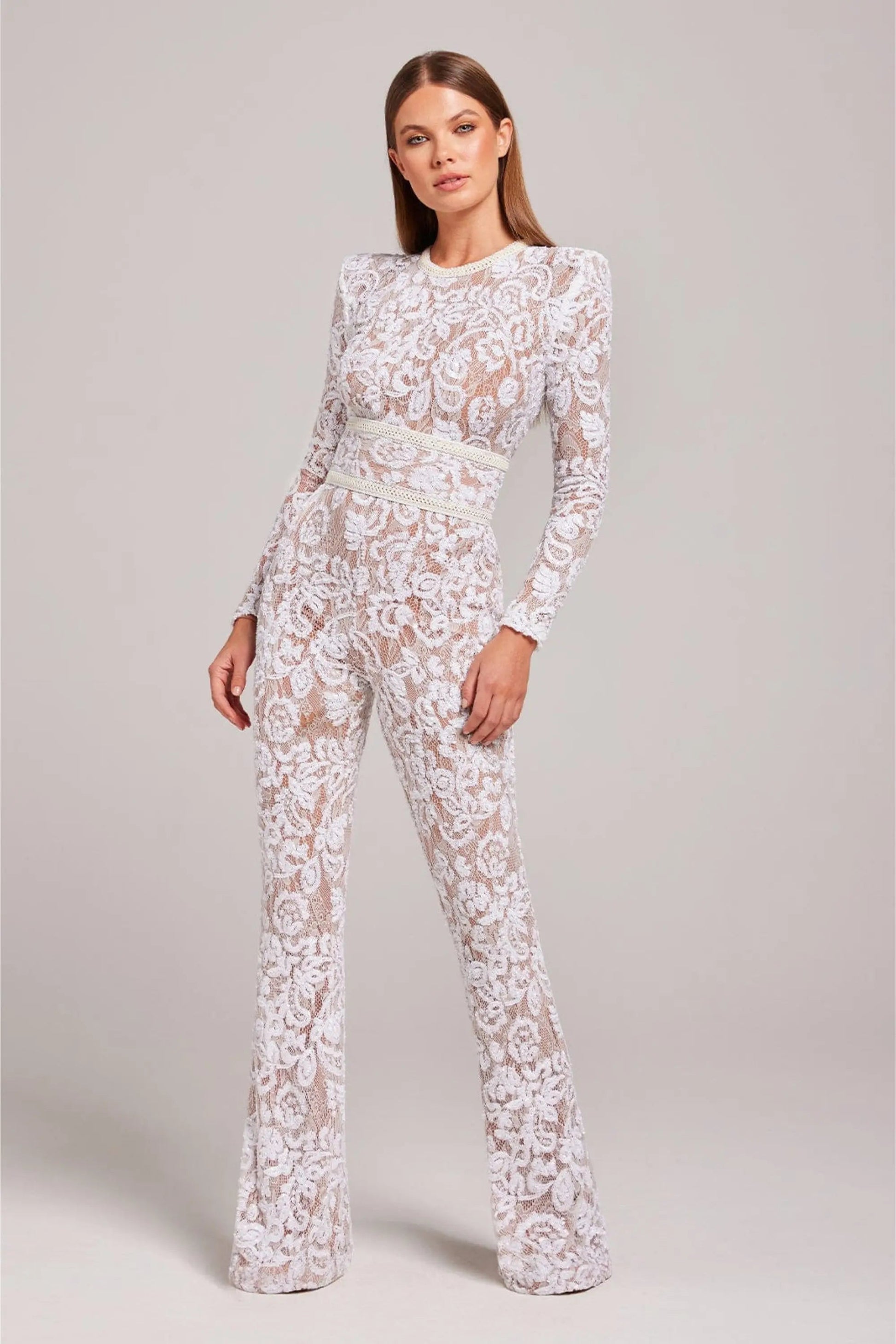 Mono Mujer de Encaje Floral Manga Larga Cuello Redondo Entallado - Mavetta