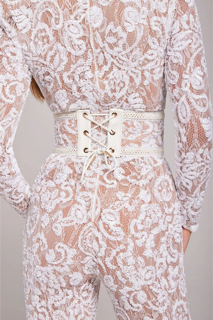 Mono Mujer de Encaje Floral Manga Larga Cuello Redondo Entallado