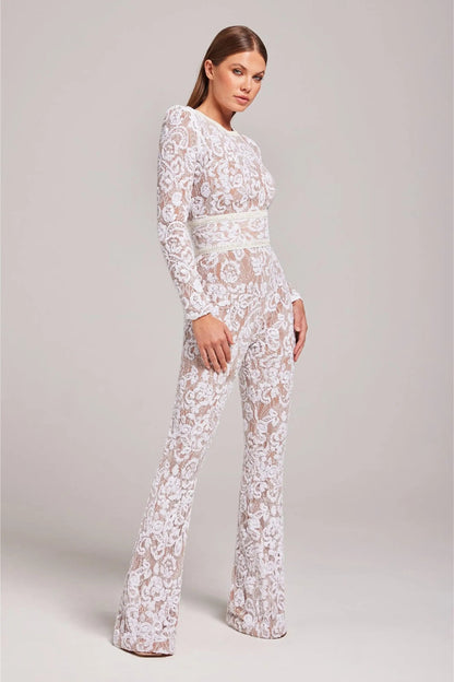Mono Mujer de Encaje Floral Manga Larga Cuello Redondo Entallado