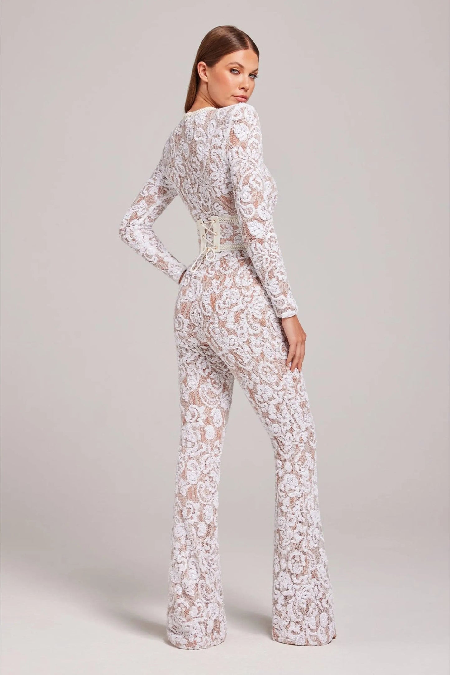 Mono Mujer de Encaje Floral Manga Larga Cuello Redondo Entallado