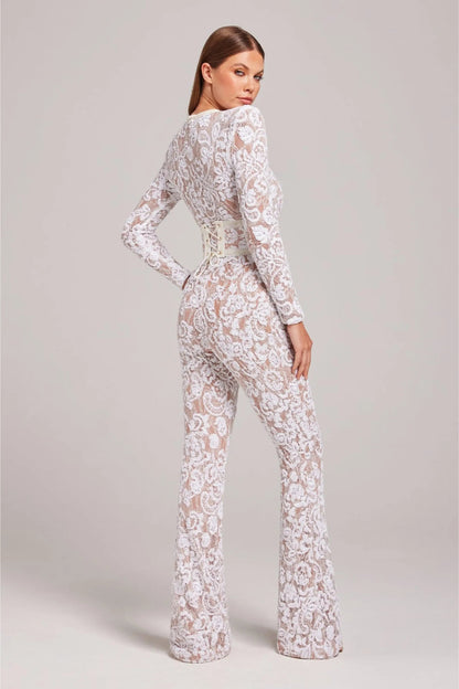 Mono Mujer de Encaje Floral Manga Larga Cuello Redondo Entallado