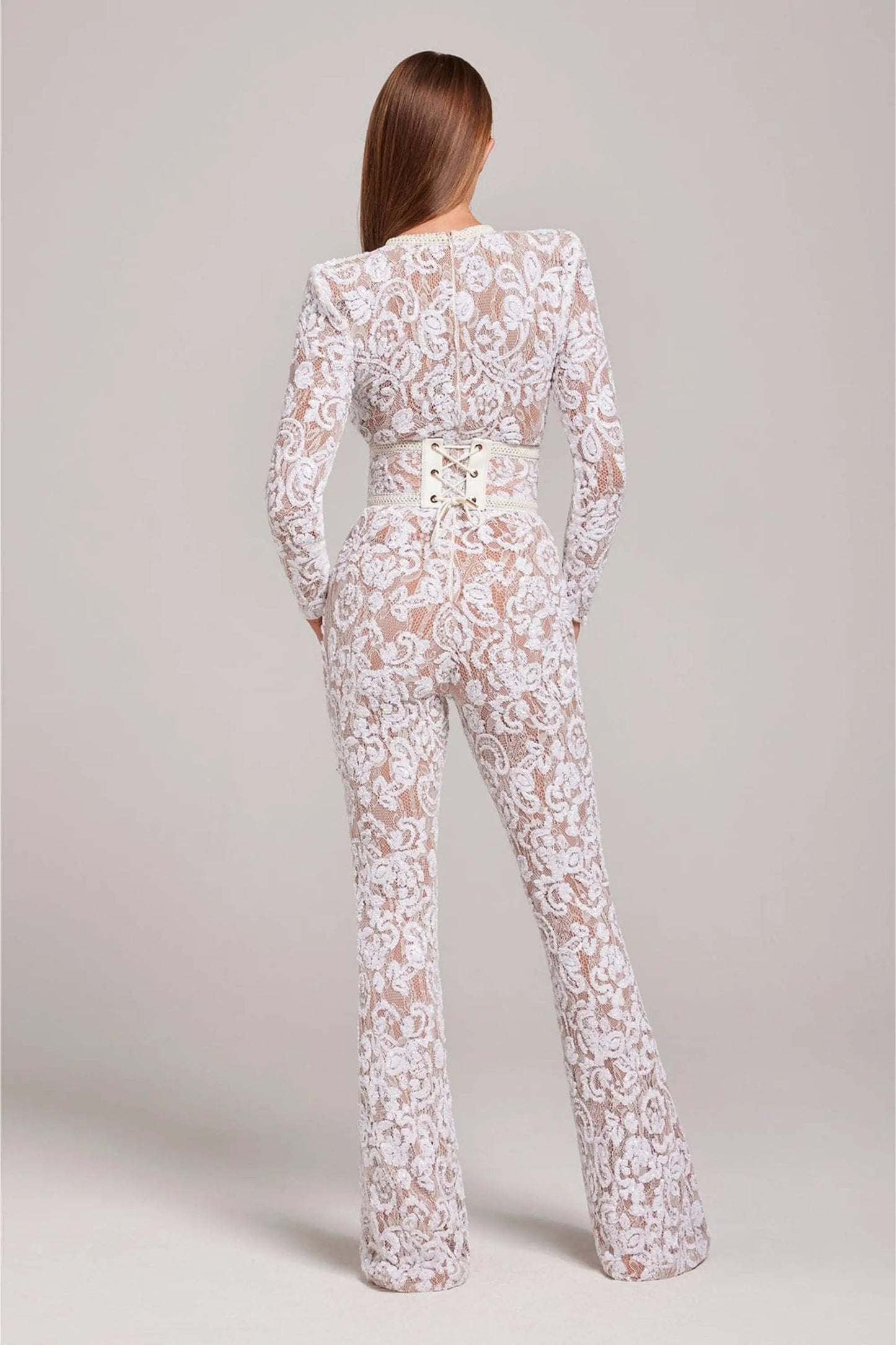 Mono Mujer de Encaje Floral Manga Larga Cuello Redondo Entallado