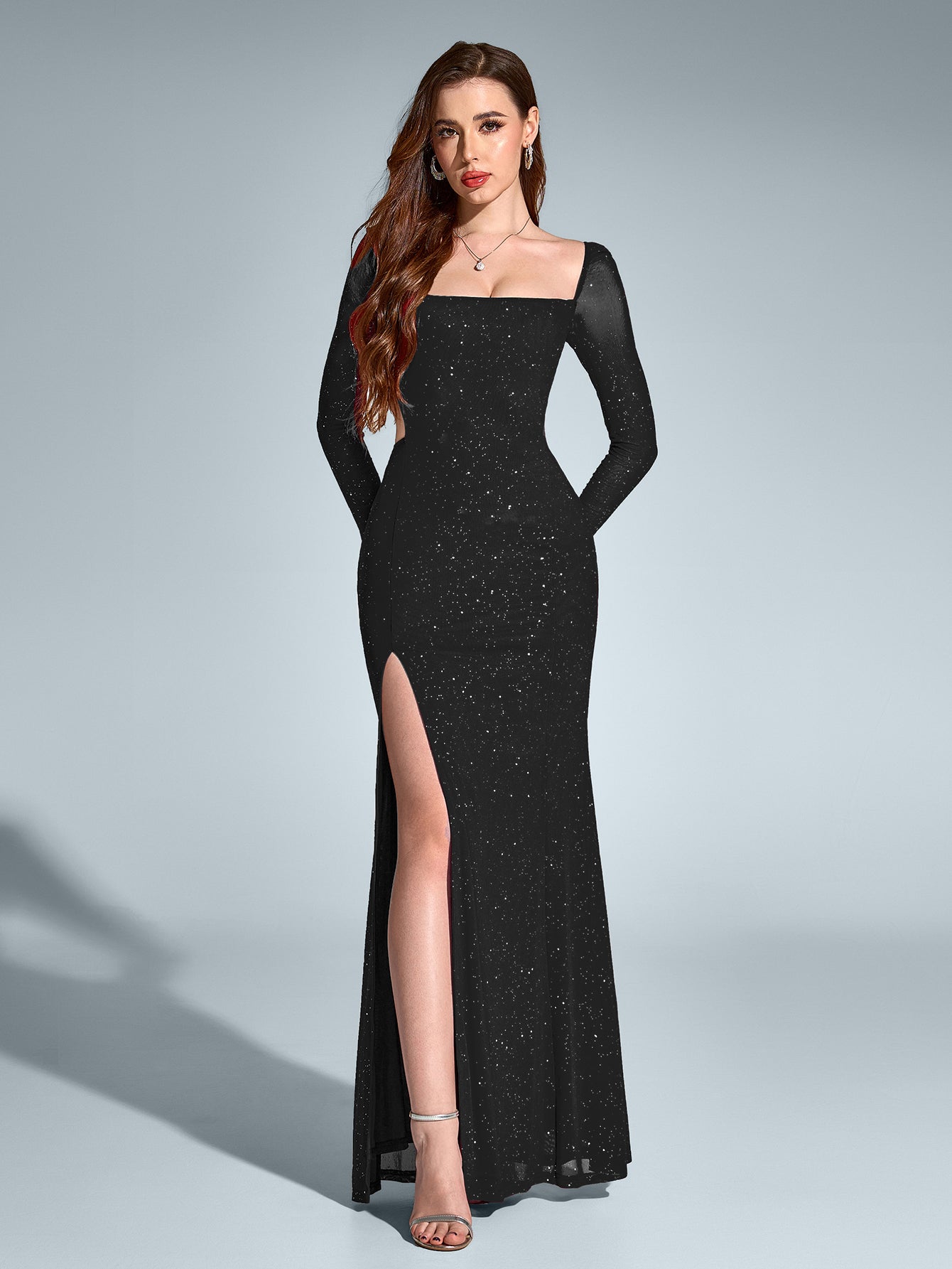 Vestido largo mujer con brillo espalda descubierta apertura alta