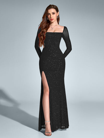 Vestido largo mujer con brillo espalda descubierta apertura alta
