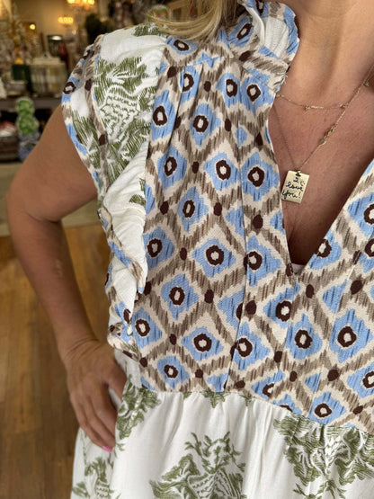 Vestido Mujer Floral Sin Mangas Cuello de Volantes