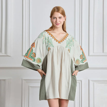 Vestido túnica mujer con bordados escote en V