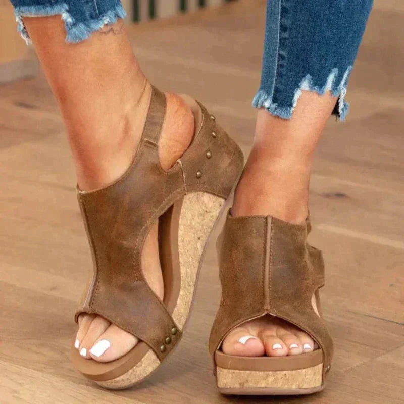 Sandalias Cuña Mujer Piel Abierta Ajuste Cómodo