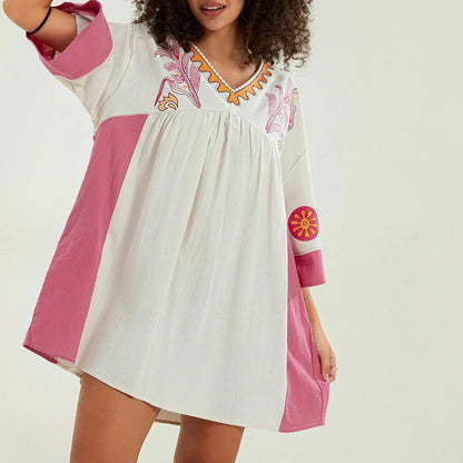 Vestido túnica mujer con bordados escote en V