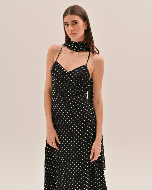 Vestido Largo Mujer de Lunares Cuello en V Tirantes Finos - Mavetta