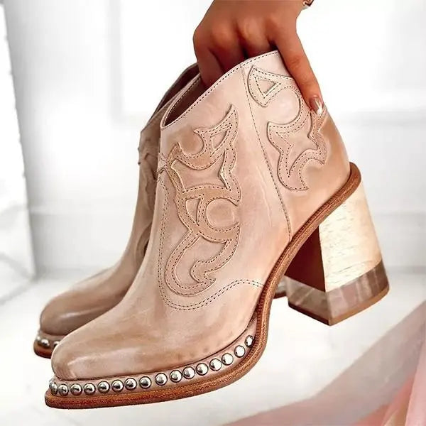 Botas Mujer Piel Bordados Artesanales Tacón Bajo