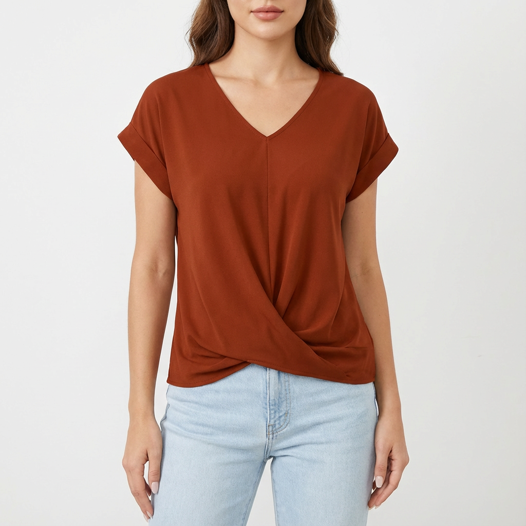 Camiseta Mujer Algodón Cuello en V Detalle Torcido