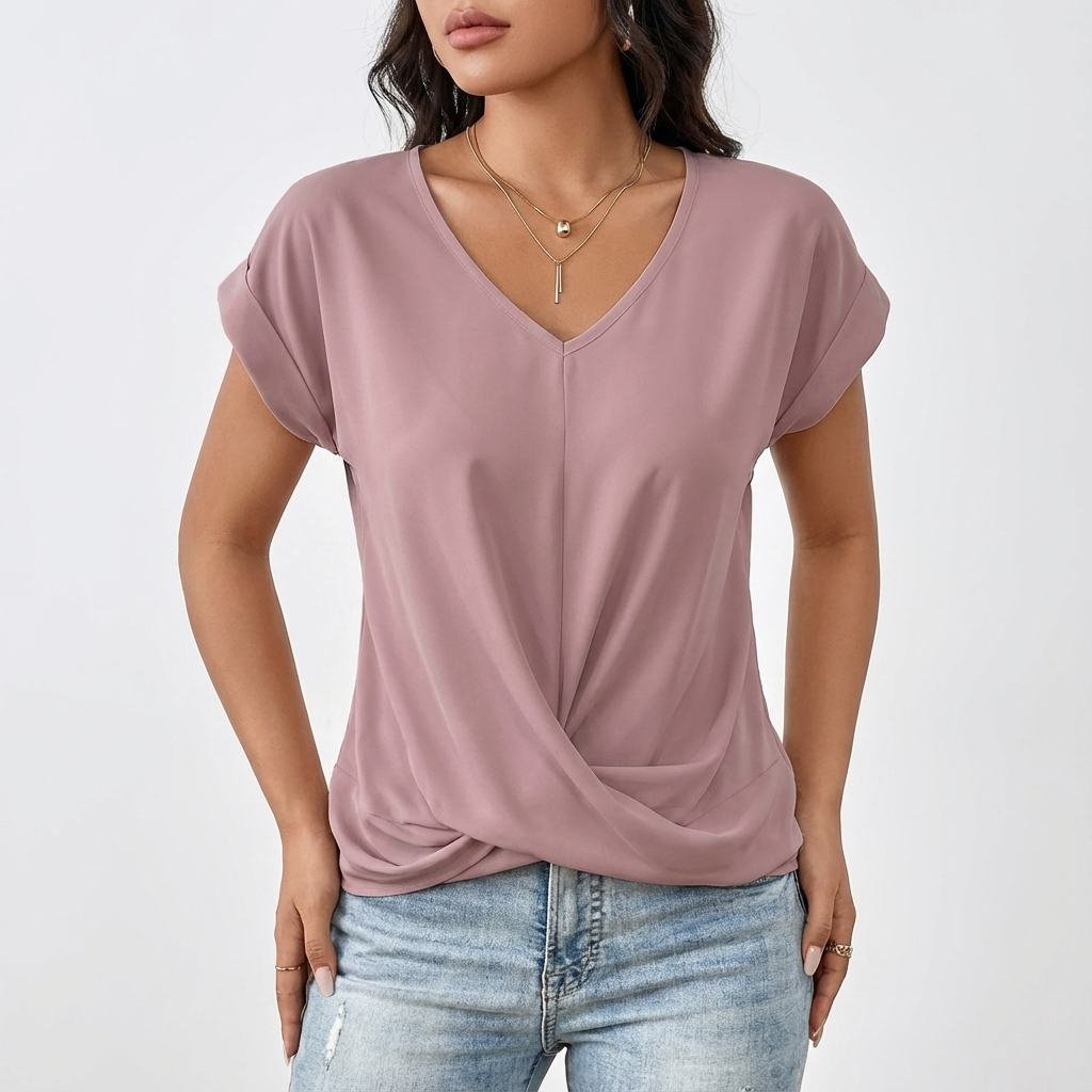 Camiseta Mujer Algodón Cuello en V Detalle Torcido