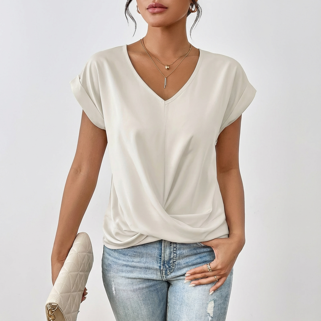 Camiseta Mujer Algodón Cuello en V Detalle Torcido