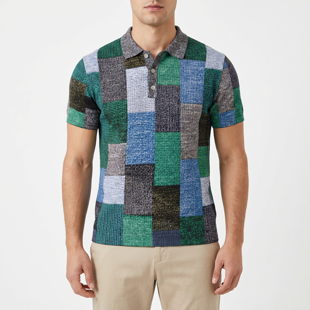 Polo Hombre de Algodón Manga Corta Diseño Patchwork
