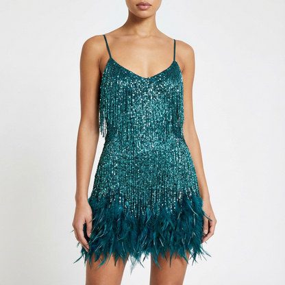 Vestido Mini Mujer con Flecos y Cuello en V
