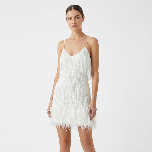 Vestido Mini Mujer con Flecos y Cuello en V - Mavetta
