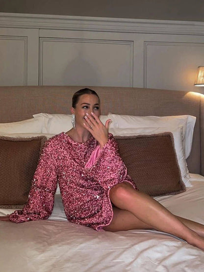 Vestido corto mujer con lentejuelas y detalle de lazo