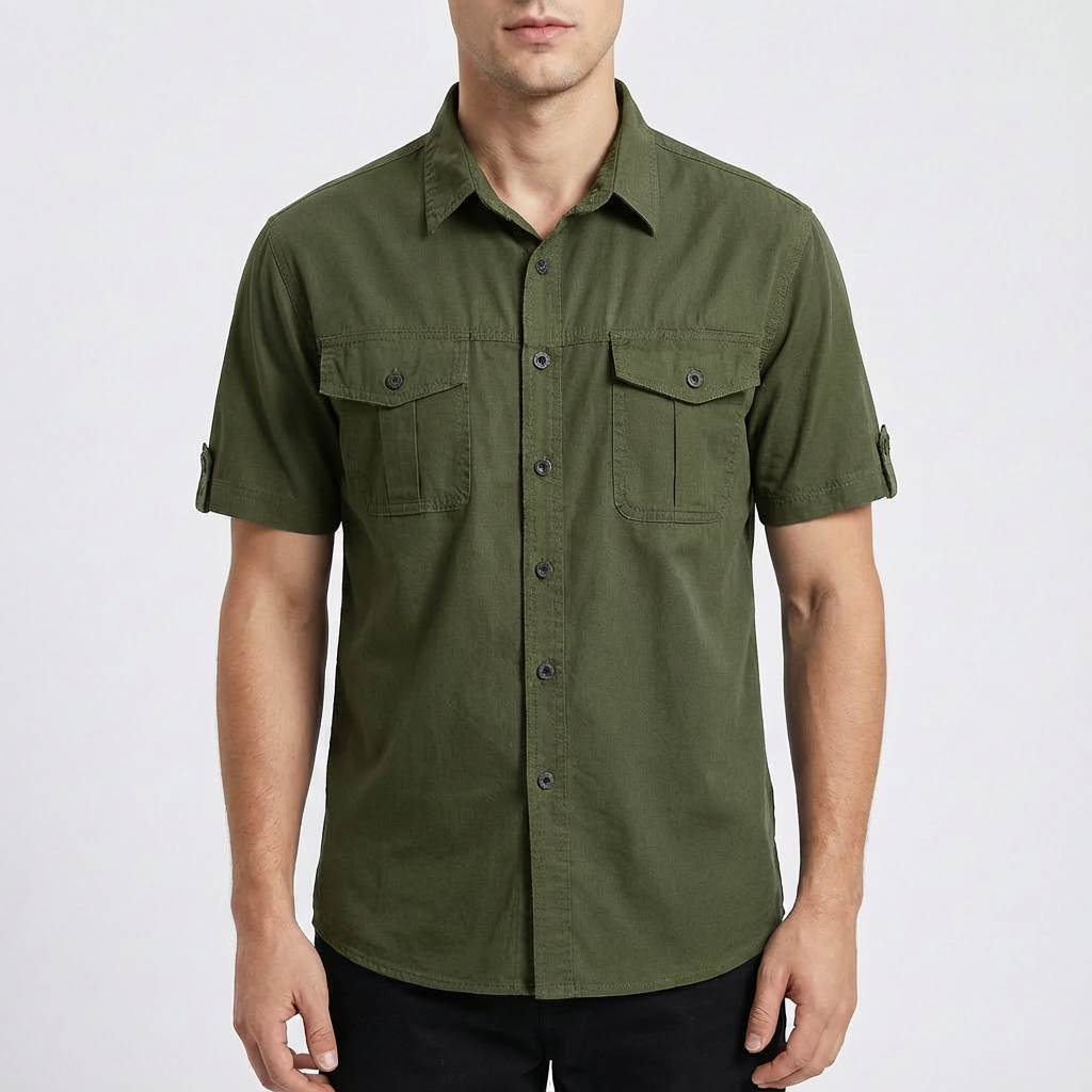 Camisa Hombre Algodón Bolsillos Frontales Manga Corta Casual