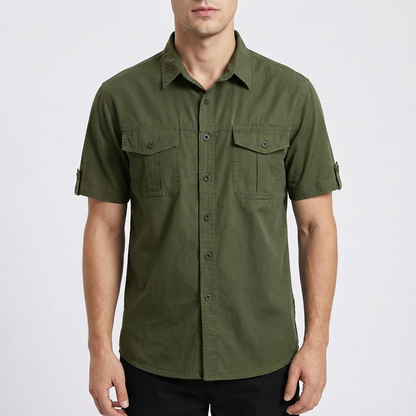 Camisa Hombre Algodón Bolsillos Frontales Manga Corta Casual