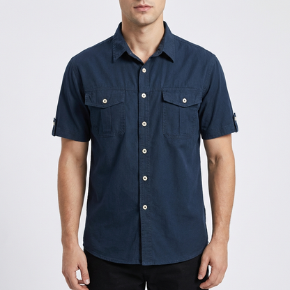 Camisa Hombre Algodón Bolsillos Frontales Manga Corta Casual