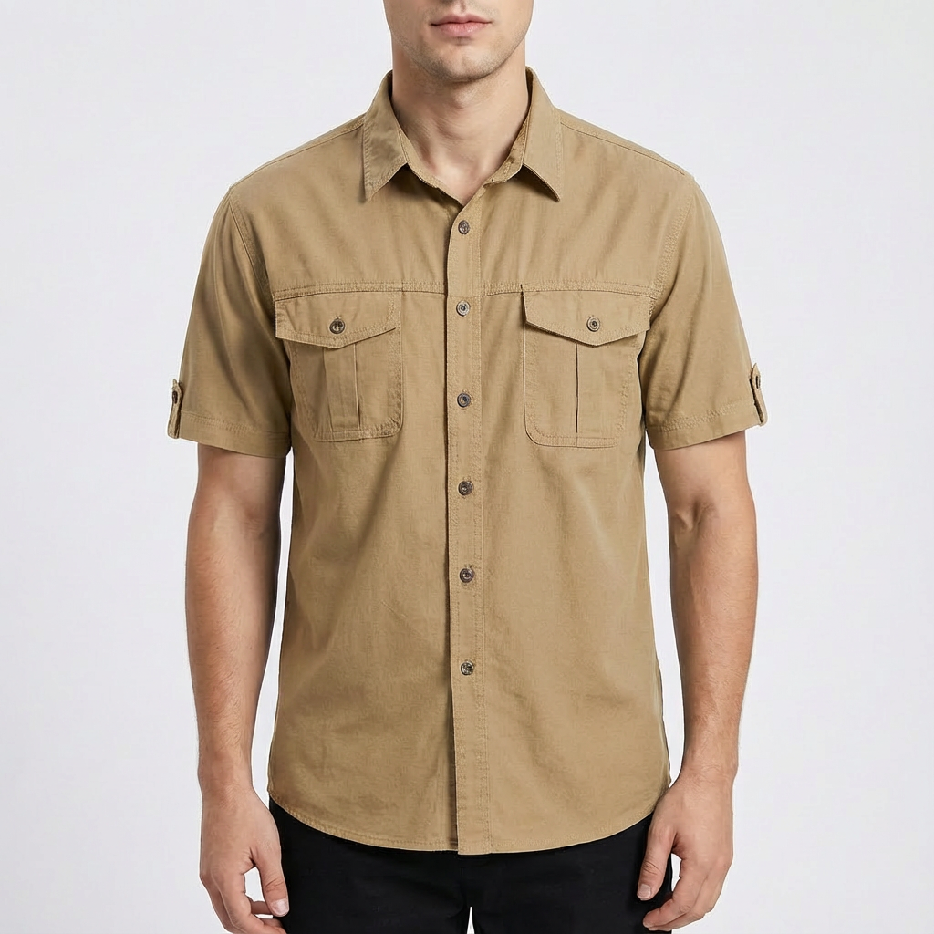 Camisa Hombre Algodón Bolsillos Frontales Manga Corta Casual