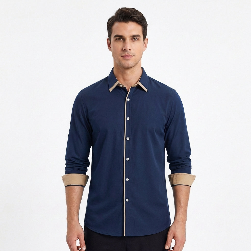 Camisa Hombre Algodón Cuello Clásico Detalles en Contraste