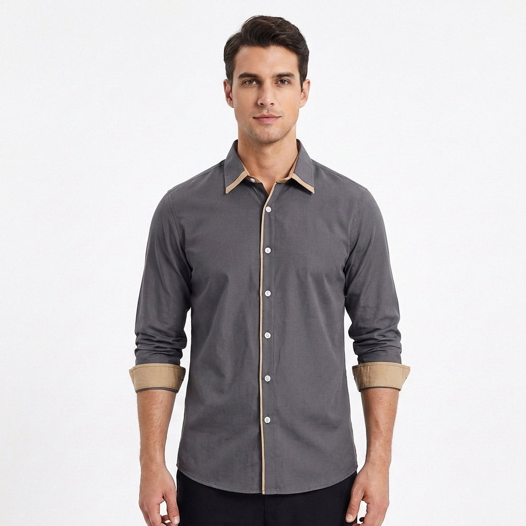 Camisa Hombre Algodón Cuello Clásico Detalles en Contraste