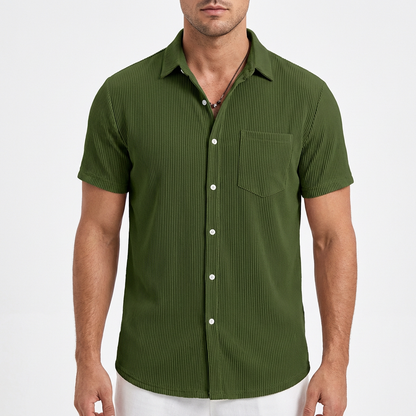 Camisa Hombre Manga Corta Textura Acanalada Bolsillo Pecho Casual