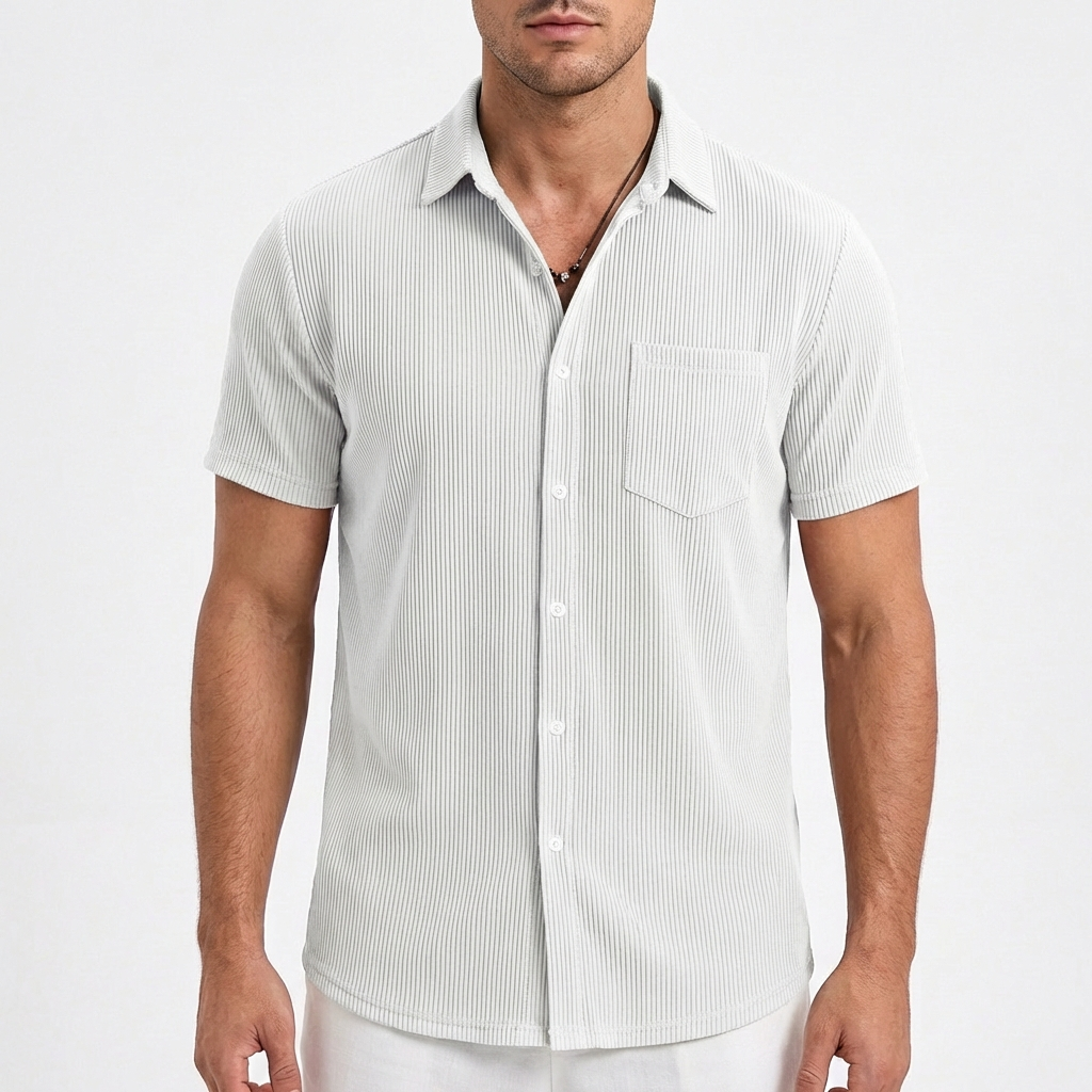 Camisa Hombre Manga Corta Textura Acanalada Bolsillo Pecho Casual