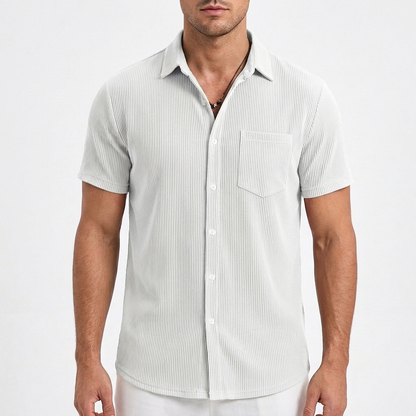 Camisa Hombre Manga Corta Textura Acanalada Bolsillo Pecho Casual