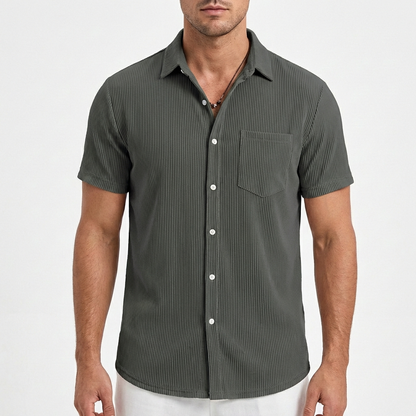 Camisa Hombre Manga Corta Textura Acanalada Bolsillo Pecho Casual