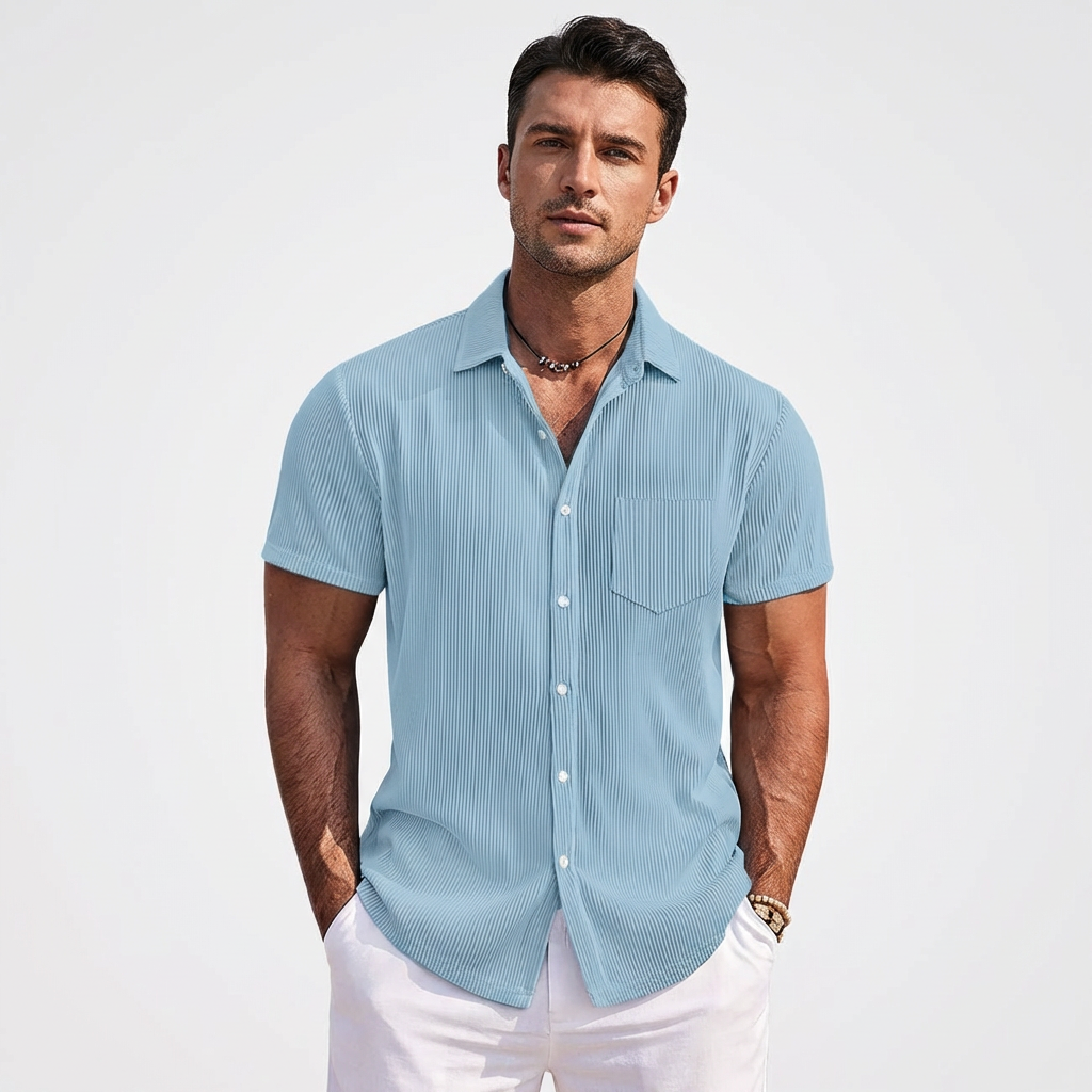 Camisa Hombre Manga Corta Textura Acanalada Bolsillo Pecho Casual - Mavetta