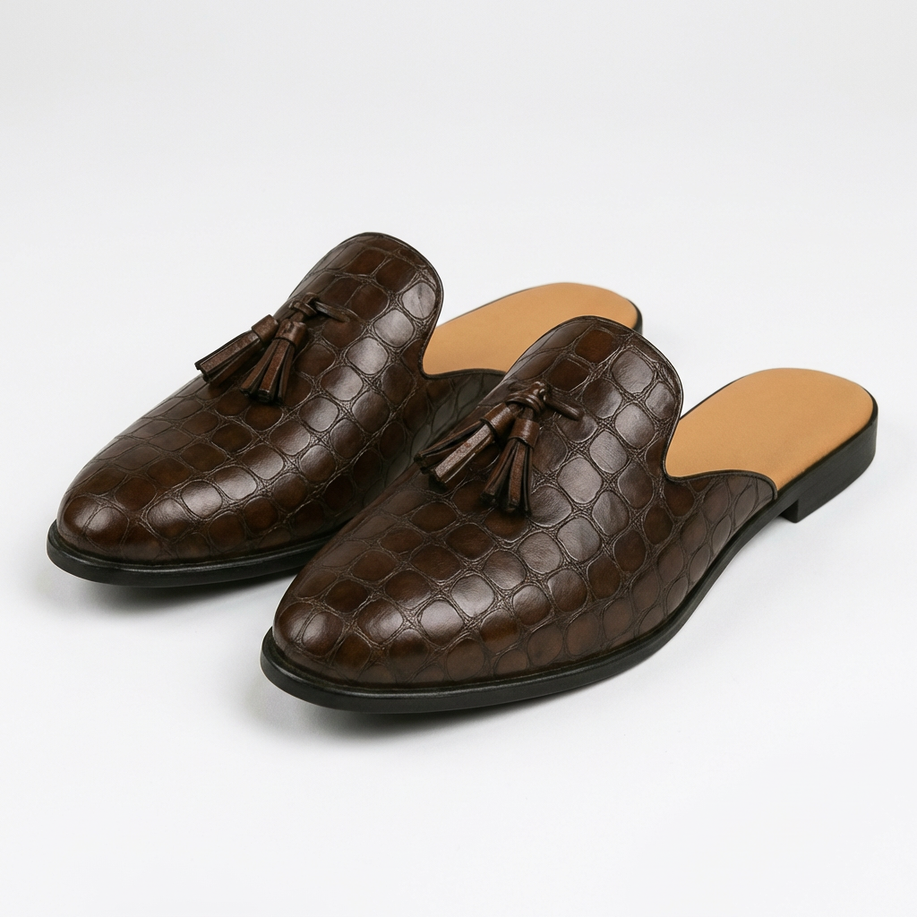 Mocasines Mule Hombre con Borlas y Textura Grabada Elegante