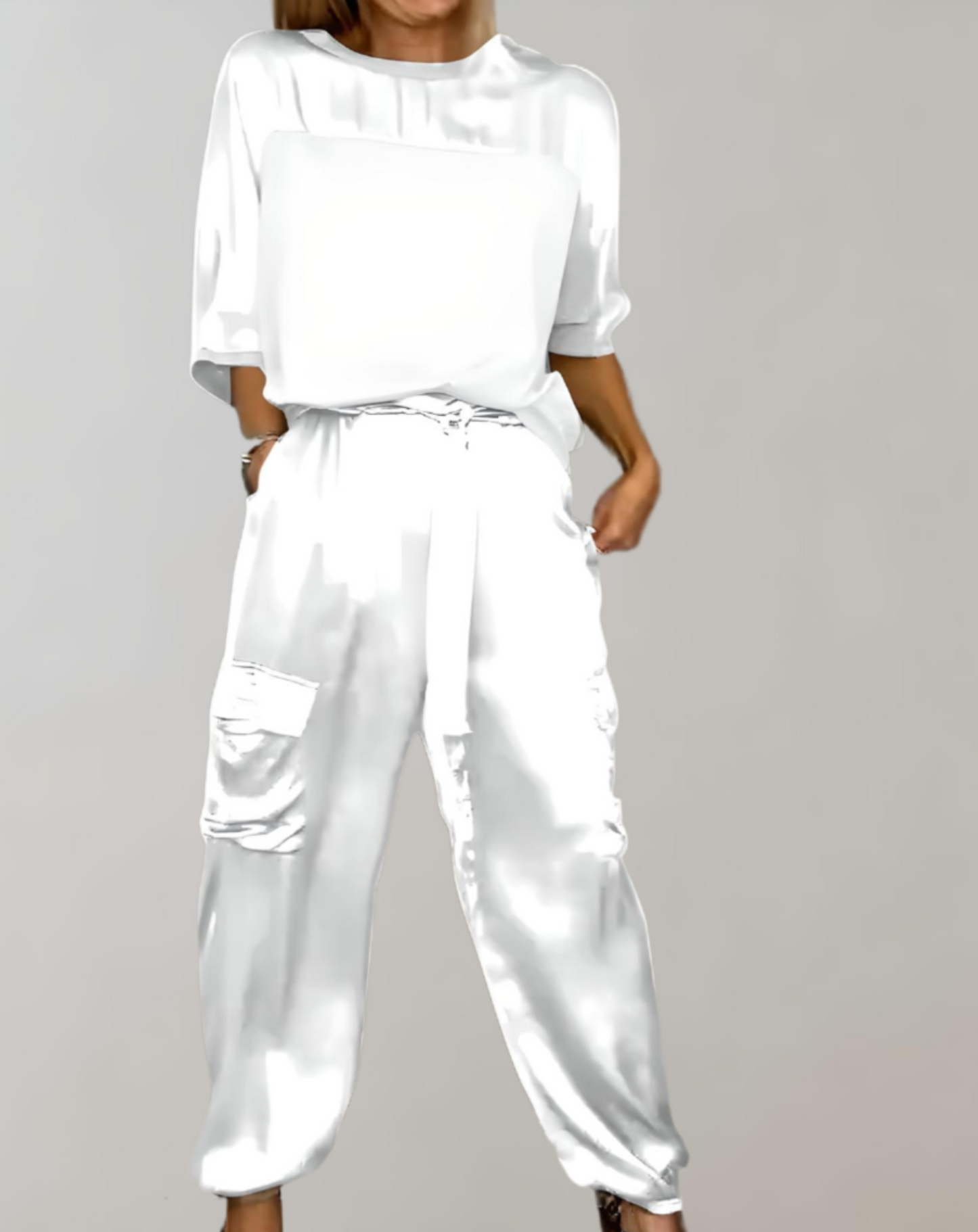 Conjunto Mujer Satén Blusa Fluida Pantalón Talle Alto