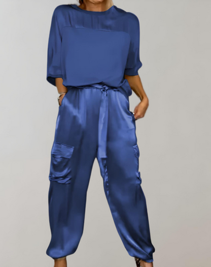 Conjunto Mujer Satén Blusa Fluida Pantalón Talle Alto