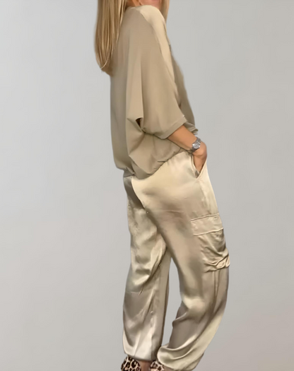 Conjunto Mujer Satén Blusa Fluida Pantalón Talle Alto