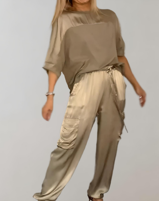 Conjunto Mujer Satén Blusa Fluida Pantalón Talle Alto - Mavetta