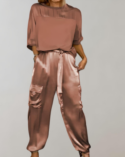 Conjunto Mujer Satén Blusa Fluida Pantalón Talle Alto
