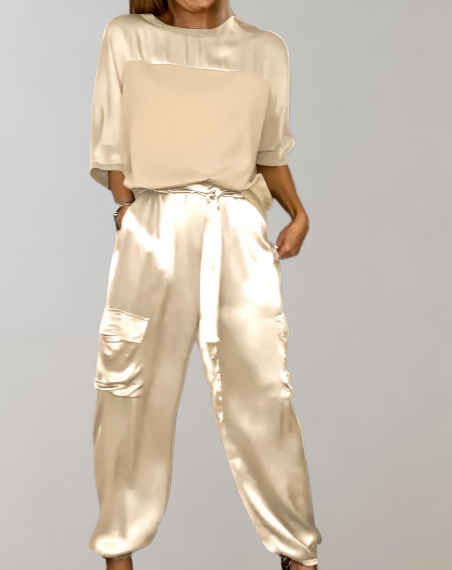 Conjunto Mujer Satén Blusa Fluida Pantalón Talle Alto