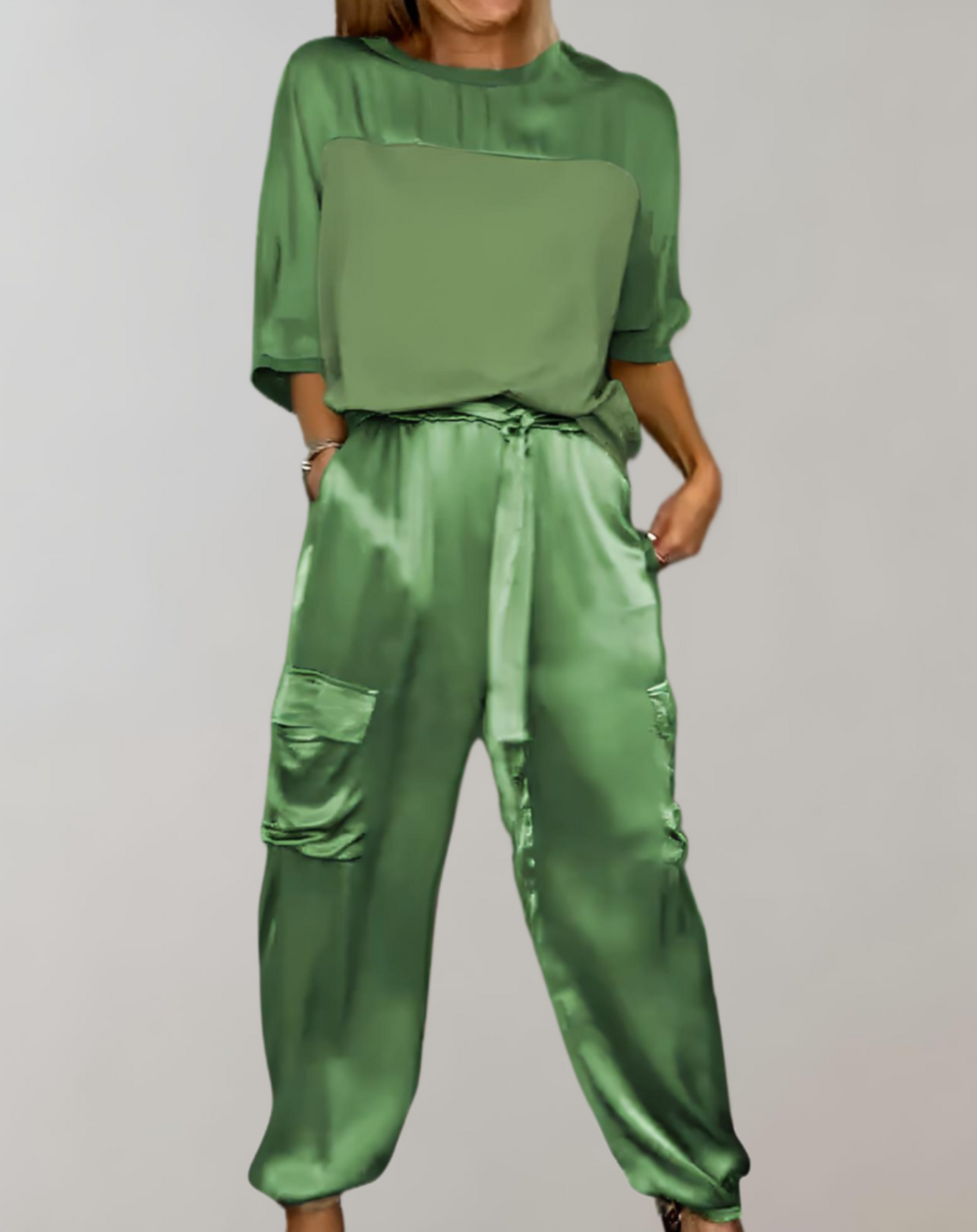 Conjunto Mujer Satén Blusa Fluida Pantalón Talle Alto