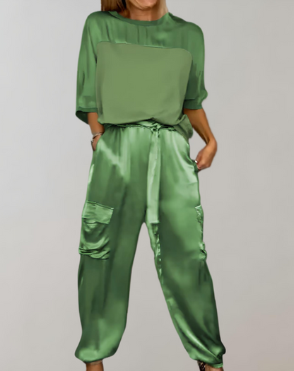 Conjunto Mujer Satén Blusa Fluida Pantalón Talle Alto