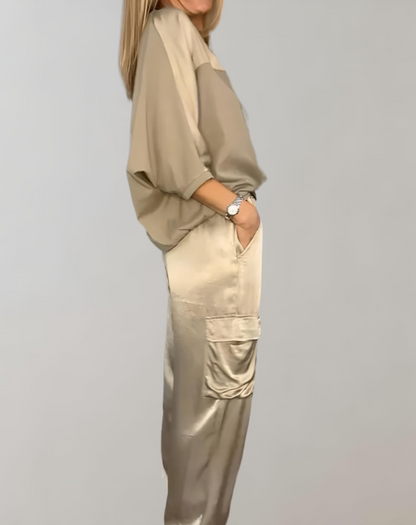 Conjunto Mujer Satén Blusa Fluida Pantalón Talle Alto